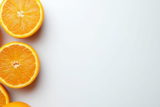 Bright, juicy oranges are sliced and displayed atop a clean, solid white background, showcasing their vibrant color and fresh appeal, perfect for culinary inspiration or healthy eating.
