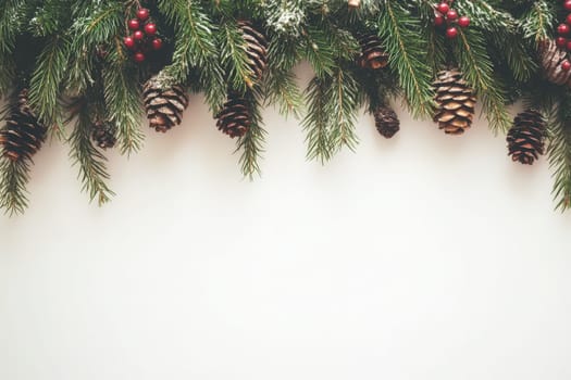 Festive garlands adorned with pinecones and red berries hang gracefully on a smooth white surface, bringing a warm, inviting touch perfect for the holiday season.