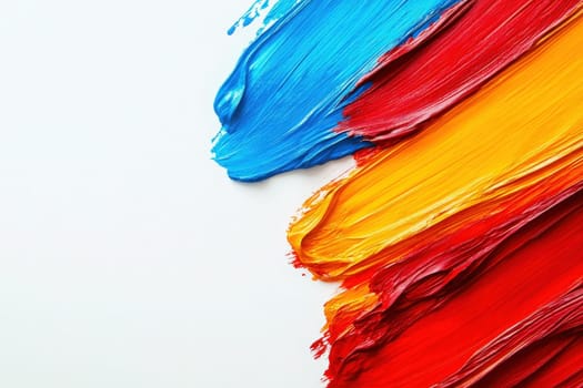 Bright blue, yellow, and red paint layers interact on a stark white canvas, showcasing the texture and movement of the brushwork. This colorful display emphasizes artistic expression and creativity.