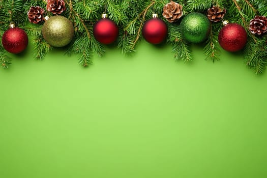 Colorful holiday garlands featuring red and green ornaments, along with pine cones, are displayed against a bright green background, creating a festive atmosphere perfect for celebrations.