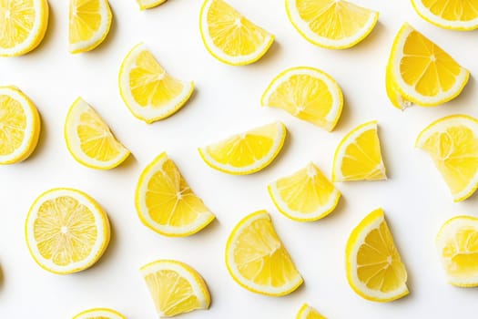 Bright yellow lemon wedges are artistically scattered on a light surface, showcasing their juicy, zesty appeal. Ideal for culinary inspiration or summertime refreshment ideas.