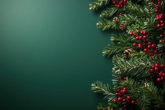 A collection of festive holiday garlands features lush green foliage, bright red berries, and pinecones against a solid dark green background, evoking a cozy winter atmosphere.