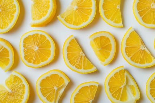 Vibrant lemon wedges are neatly arranged in an eye-catching pattern on a clean white background, emphasizing their bright yellow color and refreshing appeal.