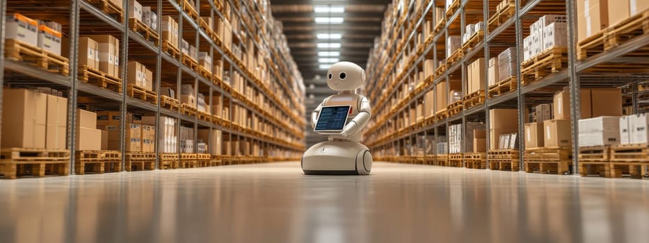 Robot holding tablet in warehouse filled with cardboard boxes, logistics technology concept, AI Generated