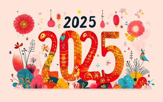 A vibrant design showcases the year 2025 with floral accents and playful motifs, symbolizing the Lunar New Year festivities ahead.