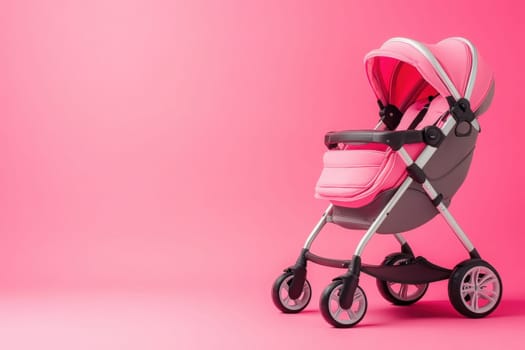 This lightweight baby pram features a bright pink design and is placed on a clean solid pink background, showcasing its modern style, ideal for parents seeking comfortable mobility for their infants.