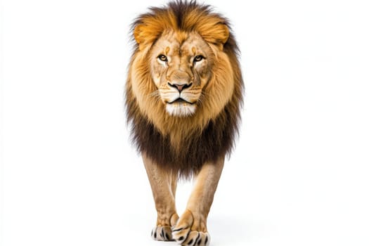 A powerful lion with a flowing mane stands boldly at the center, exuding strength and grace. Its gaze captures the essence of wildness, emphasizing its regal presence in stark isolation.