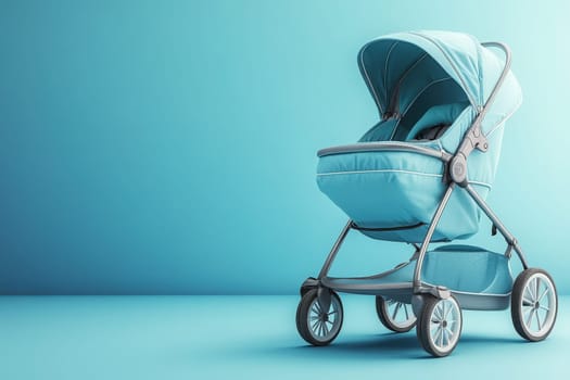 A stylish lightweight baby pram in soft turquoise is showcased against a solid, clean background. Its design highlights practicality and comfort for parents on the go, ideal for outings with infants.