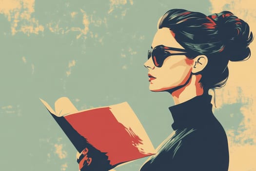 A woman journalist, wearing sunglasses, is deeply engaged in reading a book. She showcases a clean and minimalist style in a bright, serene environment, emphasizing focus and reflection.