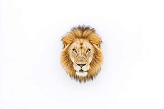 A lion with a full, impressive mane sits serenely, showcasing its powerful presence against a plain background. The animals calm expression reflects the tranquility of its environment.
