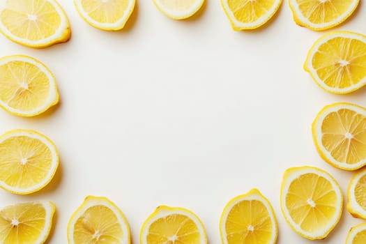 Bright yellow lemon wedges are neatly arranged in a circular formation on a plain white surface, creating a vibrant and refreshing display. The lemons are fresh and juicy.