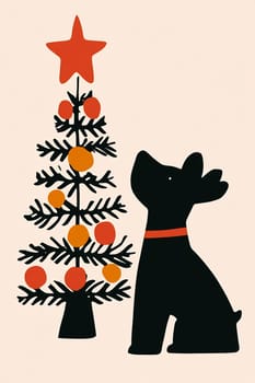 A playful black dog gazes at a brightly decorated Christmas tree, filled with ornaments and topped with a star, capturing the festive mood.