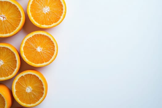 Bright, juicy oranges are carefully sliced and displayed on a pristine white backdrop, highlighting their vibrant color and freshness. Perfect for showcasing seasonal produce or healthy eating.