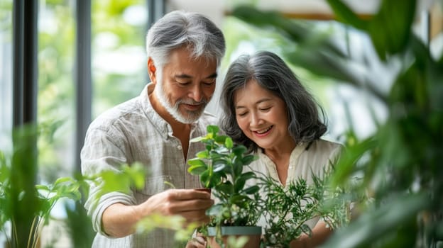 Couple caring houseplants at home. Asian mature man and woman with green plants. AI Generated