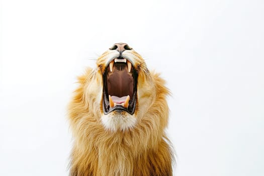 A powerful lion is isolated at the center, its mouth wide open in a roar. The environment is minimalistic, highlighting the lions majestic features and intense expression.