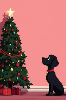 A black dog gazes up at a beautifully adorned Christmas tree, eager for the holiday festivities and excitement.