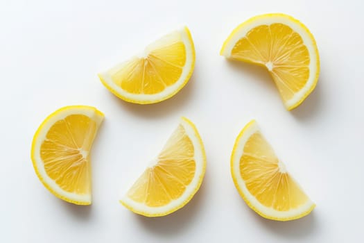 A collection of vibrant lemon wedges is elegantly displayed in the center against a pure white background. The citrus fruit showcases its juicy texture and bright color, perfect for enhancing dishes.