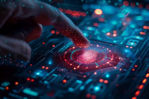 Finger touching digital fingerprint scanner on glowing virtual keyboard, identification concept, AI Generated