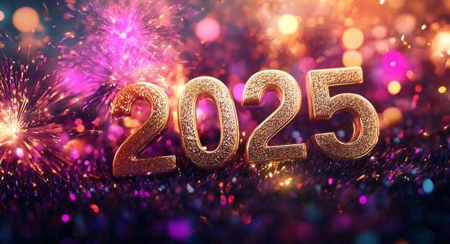 Bright fireworks burst in the background while golden numbers symbolize the arrival of 2025 during a festive celebration.
