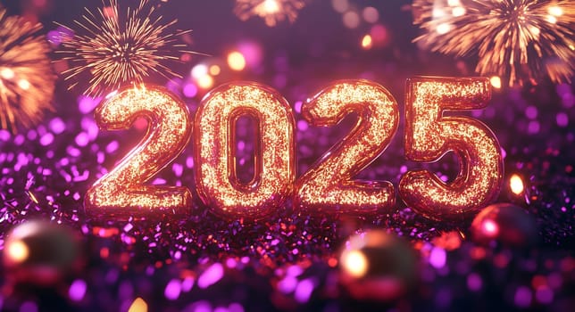The year 2025 is marked by vibrant fireworks and shiny decorations creating a joyful atmosphere for New Year celebrations.