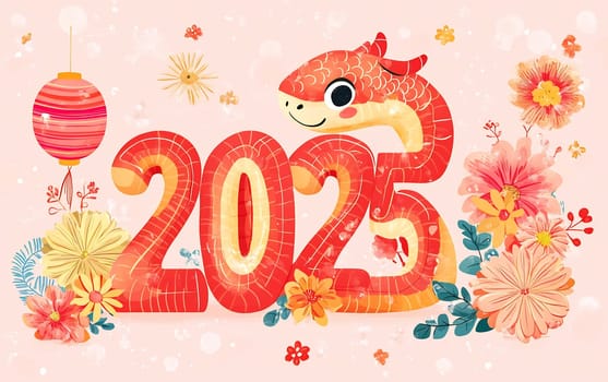 This artwork features the cheerful depiction of a water snake alongside the number 2023 and colorful flowers in a festive design.
