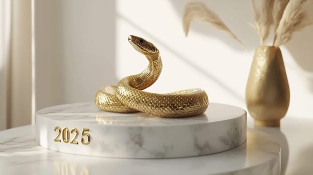 A detailed golden snake sculpture rests on a marble base, featuring the year 2025 prominently displayed in an elegantly lit space.