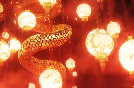 A vibrant display features glowing lanterns and a snake winding through them, celebrating the joy of a traditional festival at night.