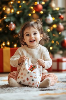 A cheerful young child sits on the floor, unpacking a bag of sweets surrounded by Christmas decorations and a glowing tree.