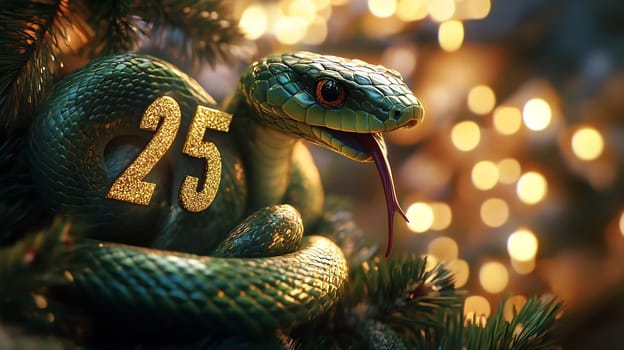 A vibrant green snake coils around a shiny decorative number while glowing lights twinkle in the background during a festive event.