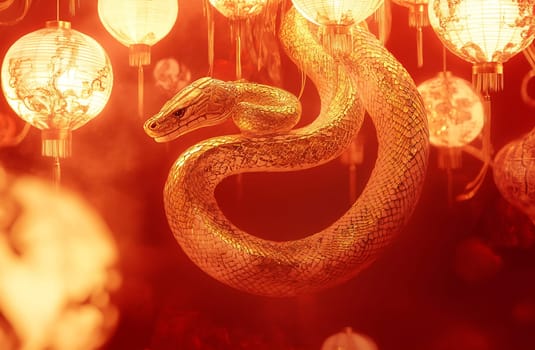 Golden serpent gracefully weaves through colorful lanterns, creating a mystical ambiance during a lively festival celebration.