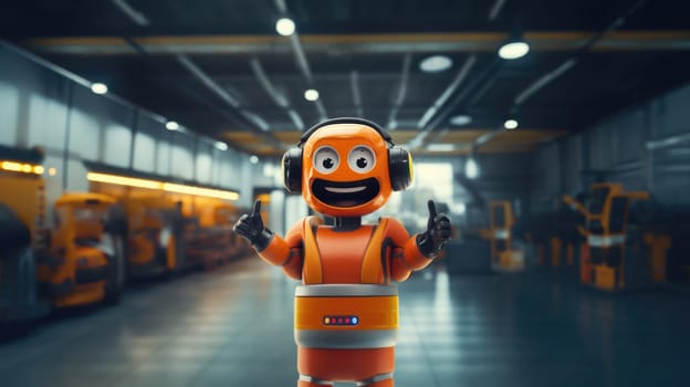 Smiling robot in headphones in a futuristic lab, concept of AI technology, background, AI generated