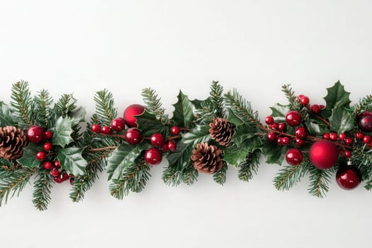 Vibrant holiday garlands adorned with red ornaments, pine cones, and greenery are displayed against a clean white background, creating a cheerful atmosphere perfect for seasonal decor.
