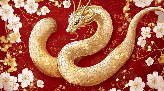 A majestic golden dragon is coiled gracefully among blooming cherry blossoms, set against a rich red backdrop that evokes celebration.