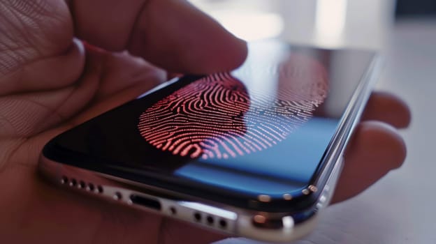 Fingerprint scanning on smartphone screen representing technology security, AI Generated