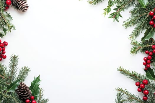 Festive garlands featuring pinecones and bright red berries are arranged on a clean, solid background, perfect for holiday decorating and celebration themes during the festive season.