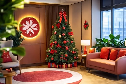 A cozy living room features a decorated Christmas tree, colorful ornaments, and holiday decorations, creating a festive atmosphere for the season.
