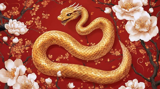 A striking golden dragon curves gracefully among blooming flowers on a rich red backdrop, showcasing intricate details and colors.
