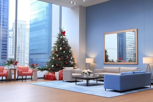 A stylish office lounge decorated for the holidays features a Christmas tree, modern furniture, and large windows showcasing the skyline.