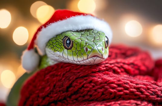 A green snake adorned with a Santa hat rests comfortably in a red sweater, surrounded by soft holiday lights.