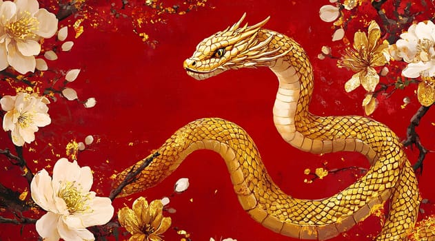 A golden serpent gracefully moves among beautiful white and gold flowers, set against a vibrant red backdrop, showcasing intricate details.
