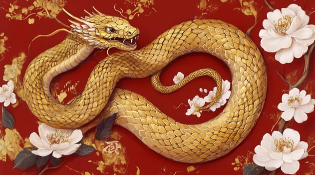 A majestic golden dragon curves through delicate white flowers set against a striking red background, highlighting detailed artistry.