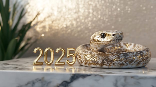 A snake curls around golden 2025 figures atop marble, set against a glitzy background, showcasing a lively, engaging display.