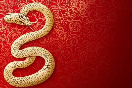 A golden snake is artistically coiled on a rich red background adorned with intricate swirling patterns, symbolizing wisdom and change.