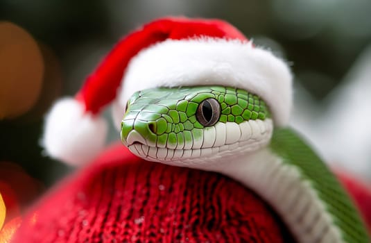 This green snake, adorned with a Santa hat, sits comfortably on a cozy red sweater amidst seasonal decorations, capturing holiday cheer.