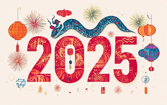 A creative display celebrating the upcoming Year of the Snake in 2025, adorned with lanterns, fireworks, and artistic patterns.