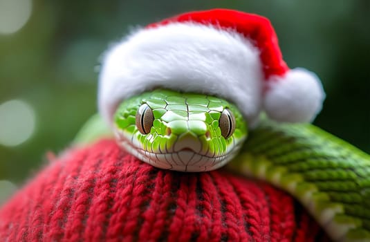 The green snake comfortably lounges on a red sweater, sporting a small Santa hat for a festive touch.