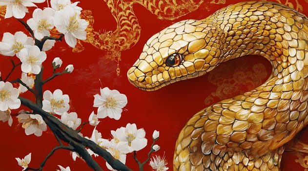 The golden snake gracefully winds through white cherry blossoms on a vivid red backdrop, symbolizing beauty and renewal in spring.