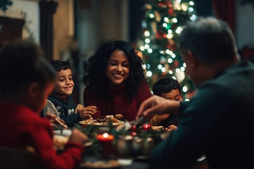 A joyful family enjoys a rich holiday meal together, surrounded by warm decorations and a beautifully lit Christmas tree.