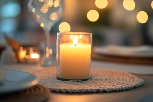 A flickering candle casts a soft glow on a well-set dining table, creating a warm and inviting atmosphere perfect for a cozy dinner.