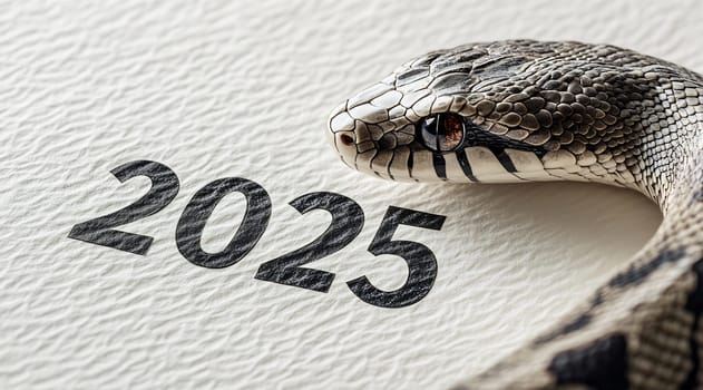 A snake entwines the number 2025 on textured paper, reflecting themes of renewal and the passage of time in a creative display.